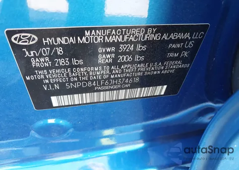 2018 Hyundai Elantra Sel z USA, uszkodzony, nr VIN 5NPD84LF6JH374618